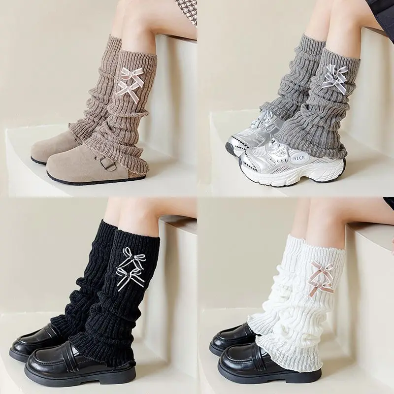 Korean Sweet Calf Sock for Kids Girl Fashion Bow Solid Color Children's Pile Sock Soft Cotton Autumn Leg Warmers