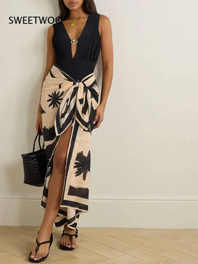 Black Cutout Halter One Piece Swimsuit With Gold Ring Matching Palm Tree Print Wrap Skirt Cover Up Set For Women Beachwear
