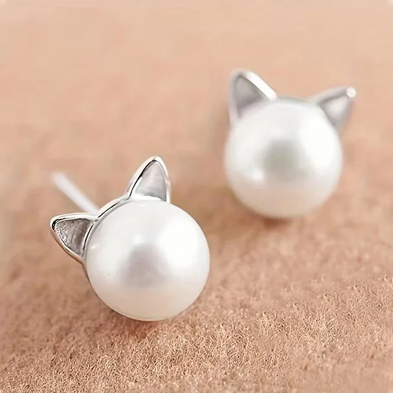 Huitan น่ารักเลียนแบบ Pearl Cat EAR STUD ต่างหู 925 เงินสเตอร์ลิงคุณภาพสูงน่ารักอุปกรณ์เสริมที่ละเอียดอ่อนเครื่องประดับ Hot