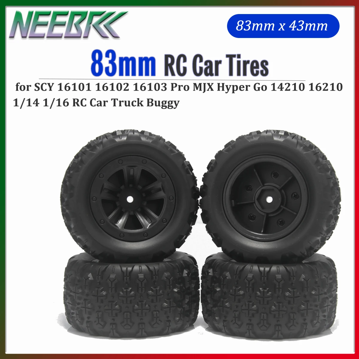 

NEEBRC 83mm RC Tires 12mm Hex Wear-resistant Tyre for SCY 16101 16102 16103 Pro MJX Hyper Go 14210 16210 1/14 1/16 RC Car Truck