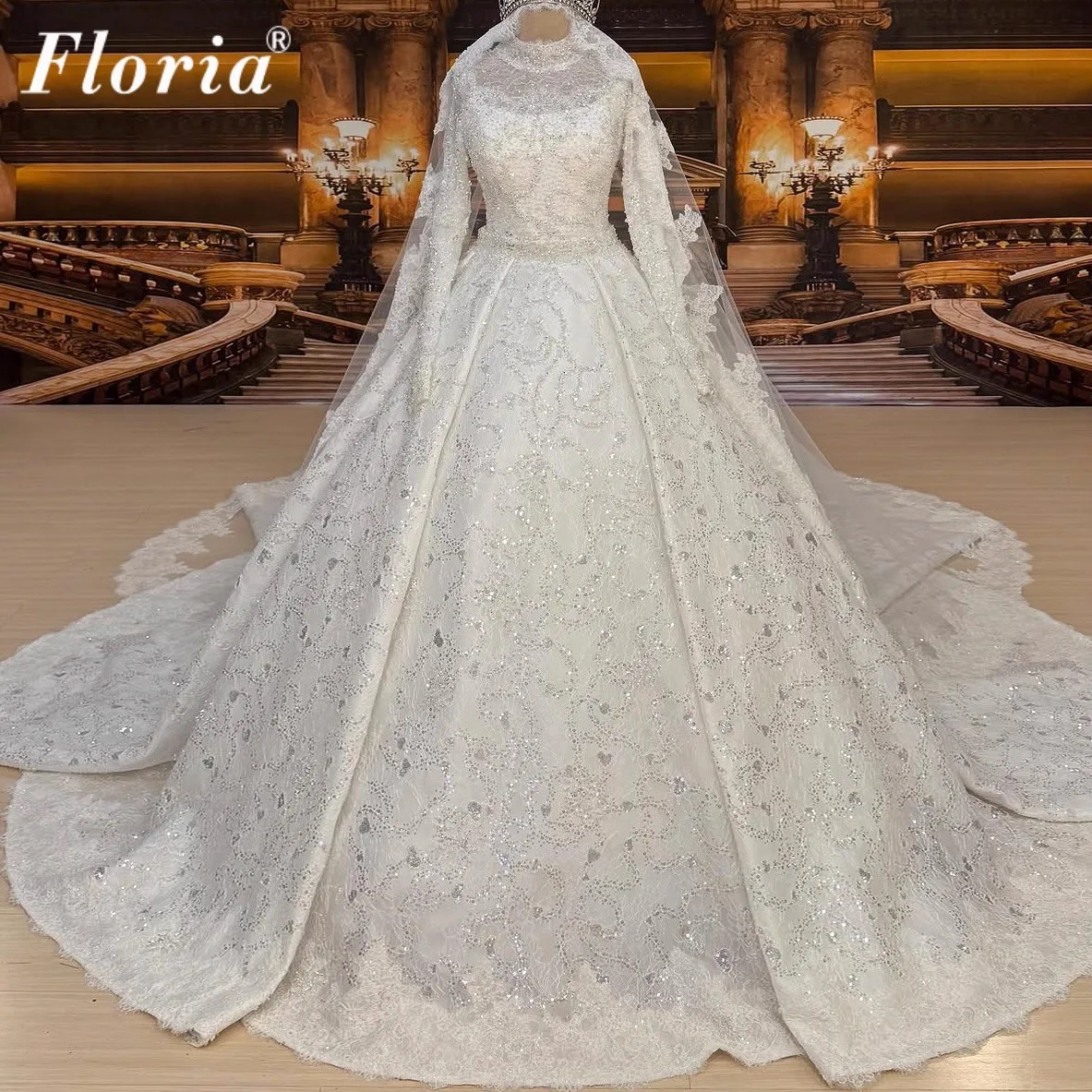 

Arabic Classic 2Pieces Mermaid Lace Pearls Wedding Dresses Long Sleeves Bride Gown With Removable Train Vestidos De Novia