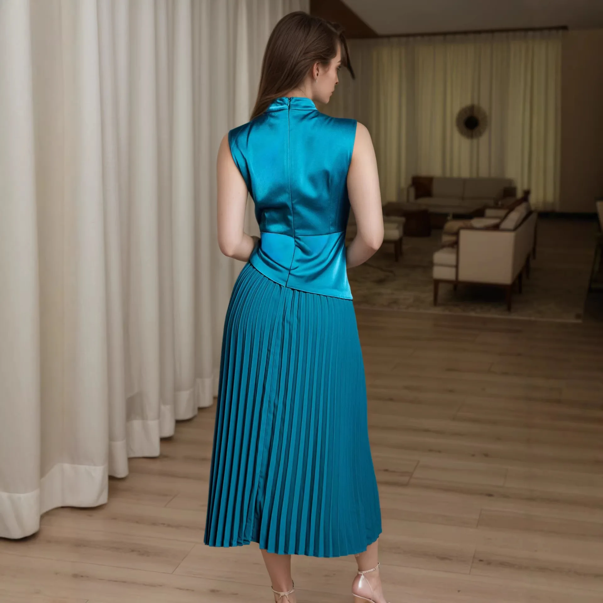 فستان من الساتان ذو ثنيات للنساء، تنورة طويلة عالية الخصر على الطراز الأوروبي الأمريكي خفيفة الوزن وجيدة التهوية