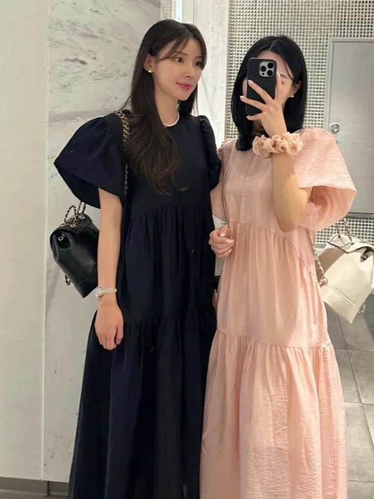 فستان نسائي صيفي جديد بأكمام فقاعية بنفسجية اللون، تصميم أنيق وفضفاض، مصنوع من البوليستر بنسبة 00٪