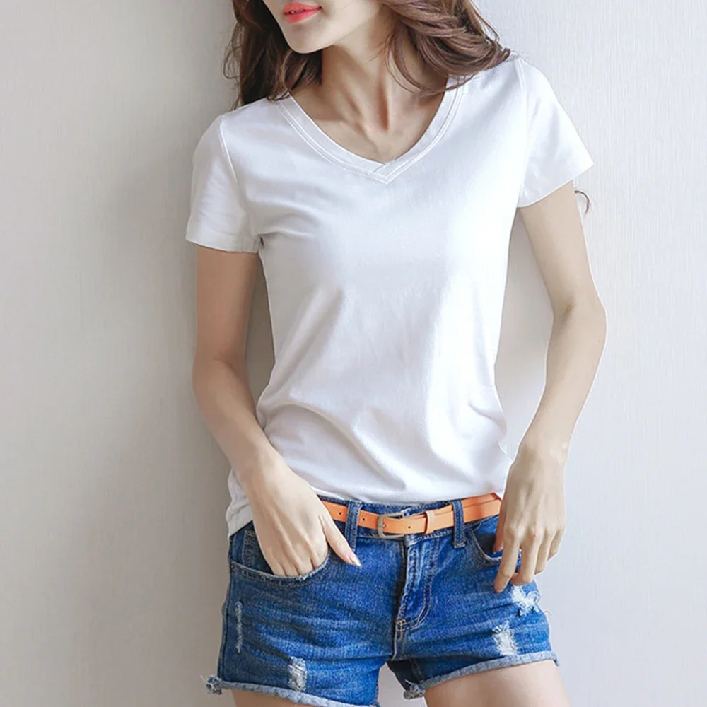 Women's Summer Casual Basic Thin T-Shirt Solid Color Tees Top Short Sleeve Round/ V Neck T-shirts Female Clothing