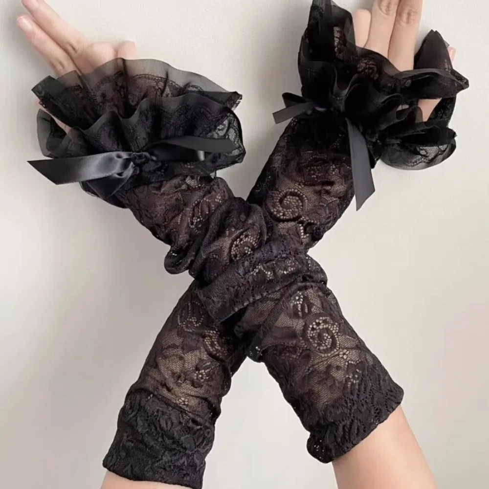

Graceful Lace Bowknot Womens Sleeve Y2K Sun Protection Bridal Wrist Gloves Hollow Out Long Gloves
