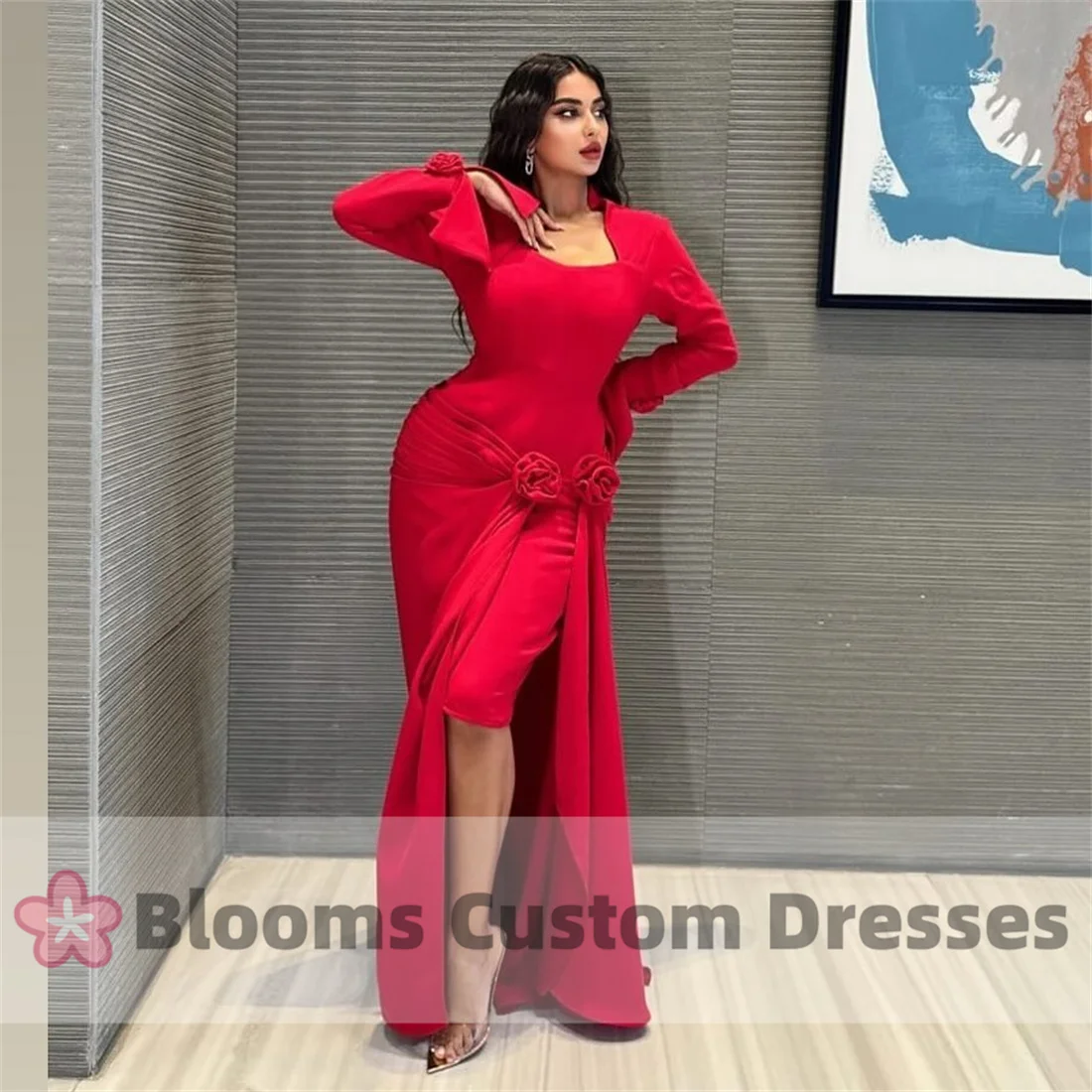 

Blooms Red Pleated Flowers Knee-length Prom Dress Long Sleeves Formal Occasion Gown Long Train Arabia Elegant Party Dresses