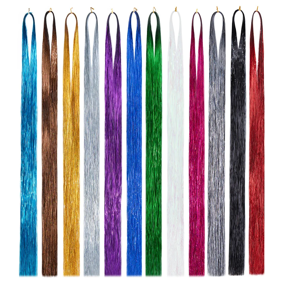 12pcs 200Strands/pcs Sparkle Shiny Hair Tinsel Rainbow Hair Extension Dazzles Women Hippie Hair Braiding Hair Styling Tools