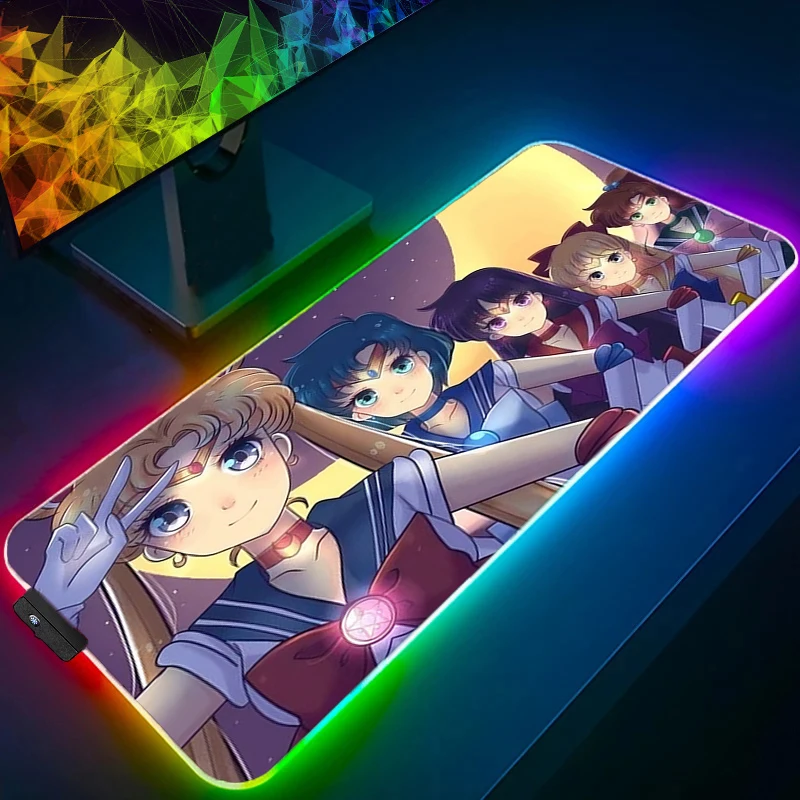 

RGB Mouse Pad LED Gaming Anime Luminous Anti-skid Computer Offices S-sailor M-moon Mousepad Anime Desk Mat Laptop Cute Girl Rug