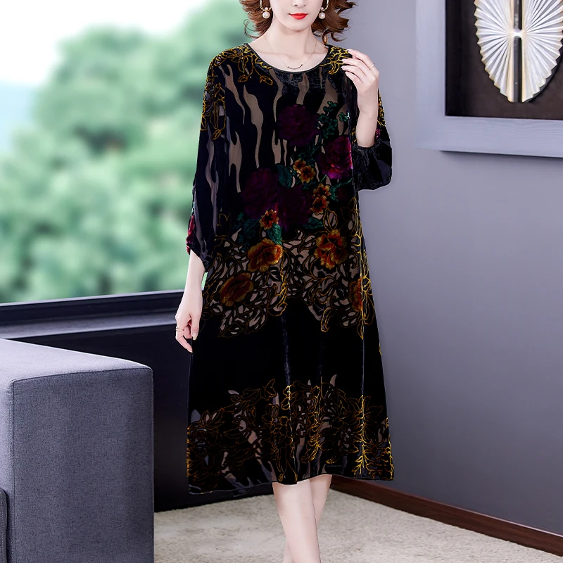 Large Size Gold Velvet Dress Women's Autumn New High-End Mulberry Silk Burnt Flower Dress Luxurious Temperament Vestidos M1928