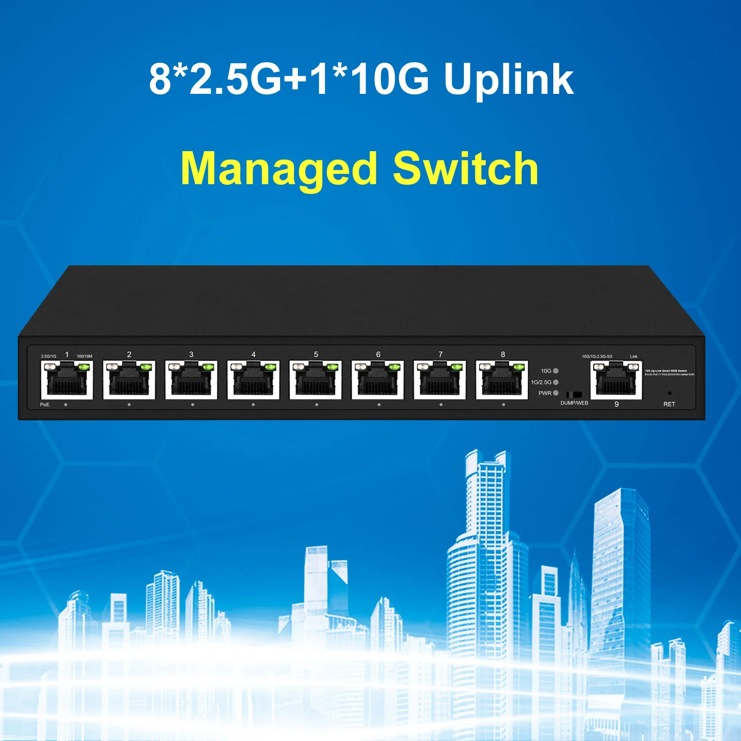Collegamento uplink completo 10Gbe RJ45 Switch POE multi-gigabit a 8 porte da 2,5 Gbe gestito tramite Web