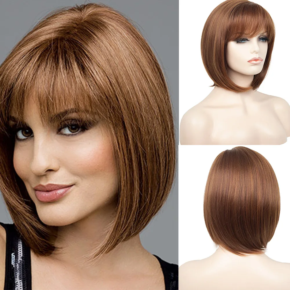 

European and American women's wigs, women's medium short straight hair, chemical fiber wigs, headgear
