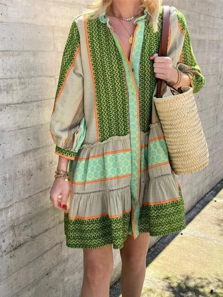 

Boho Print Dress Lady Casual Three Quarter Ruffles Loose Mini Dresses For Women Fashion Holiday Womens Clothing Summer New 2025