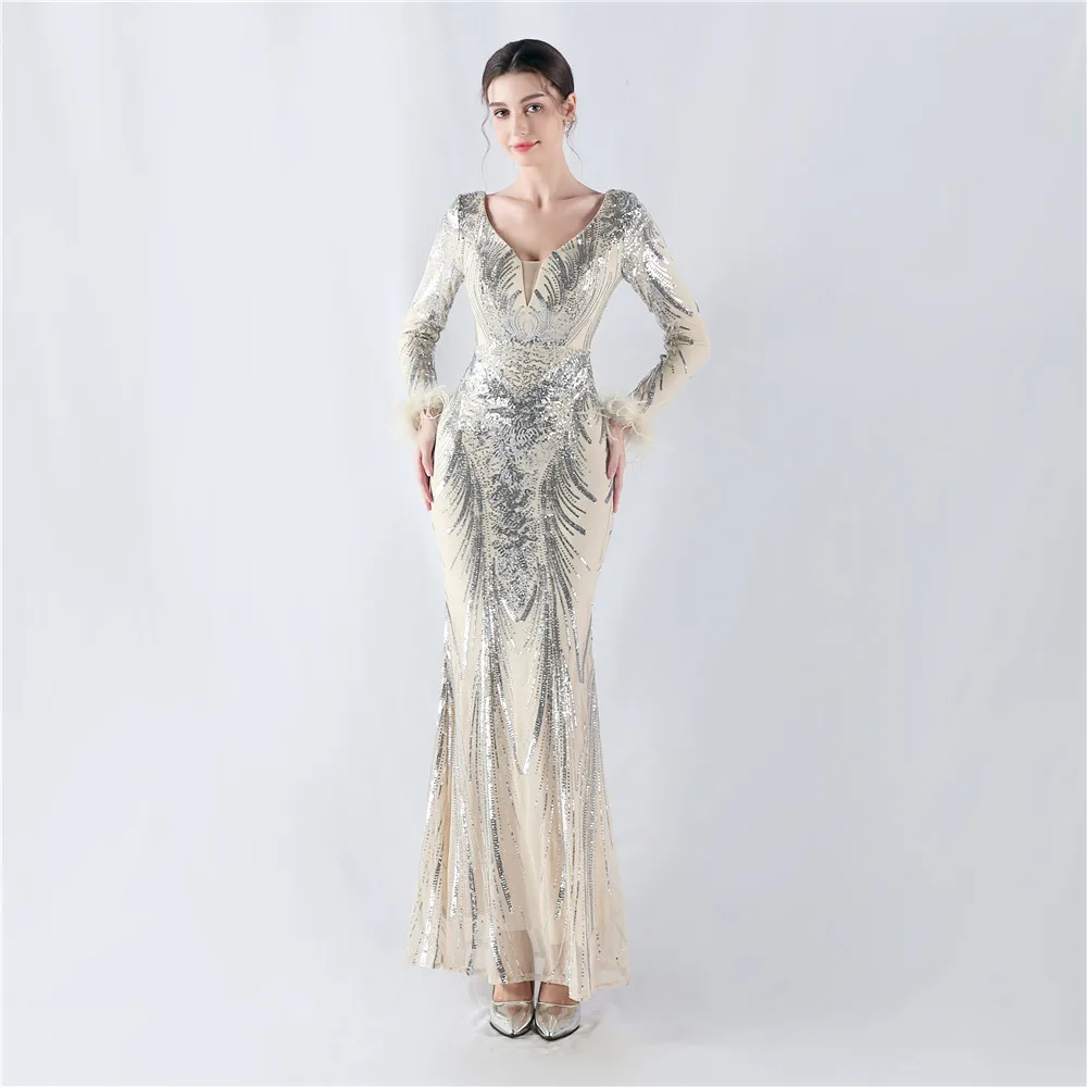 Customized Women's V Neck Long Sleeve Ostrich Plumes Elegant Sequin Floral Mermaid Bodycon Formal Party Gown Evening Maxi Dress