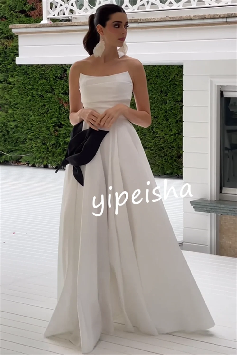 High Quality Jersey Pleat Handmade Flower A-line Strapless Long Dresses Homecoming Dresses Elegant Sizes Available Formal