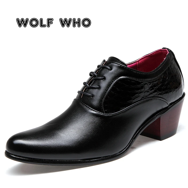 WOLF WHO Luxury Men Dress Wedding Shoes Glossy Leather 6cm High Heels Fashion Pointed Toe Heighten Oxford Shoes Party Prom X-196