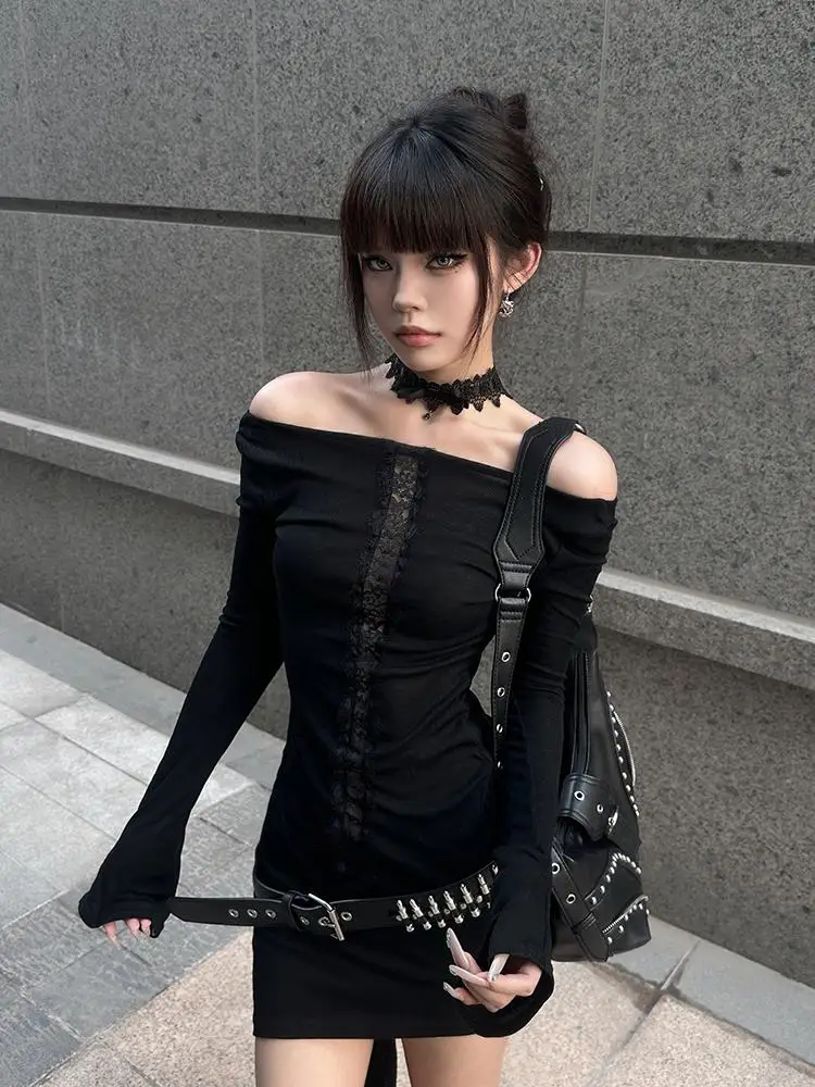 【M／新品】Y2K 00s Save The Queen 肩あきトップス 黒 Seeslim Women's T-shirt 2000s Clothes Y2k Korean Fashion Long