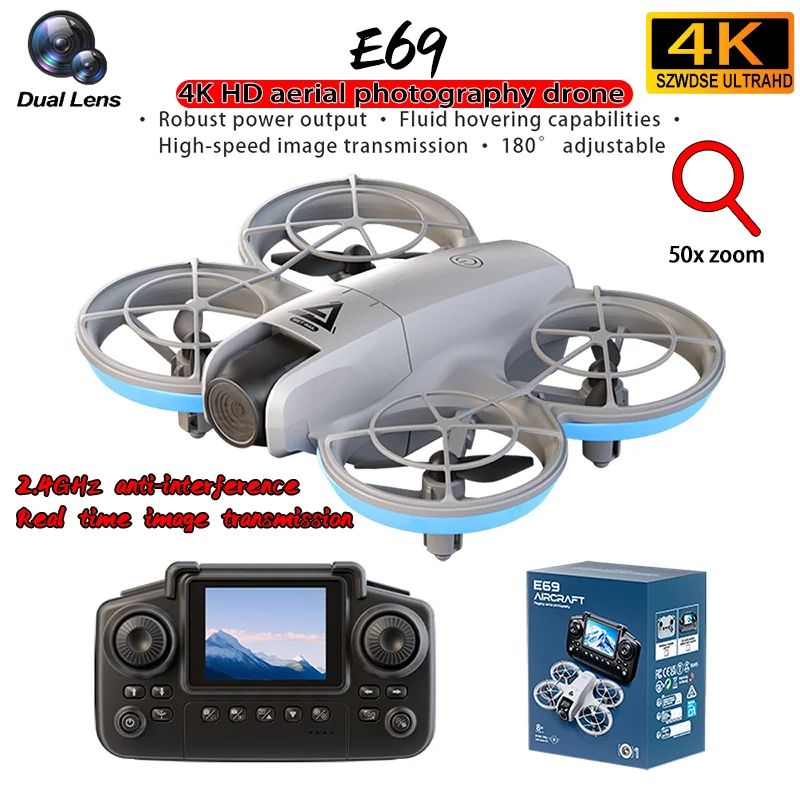 

New E69 Mini Drone 4K Professional HD Dual Camera with Screen WIFI FPV Dron Headless mode 360° roll Optical Flow Hover Quadcopte
