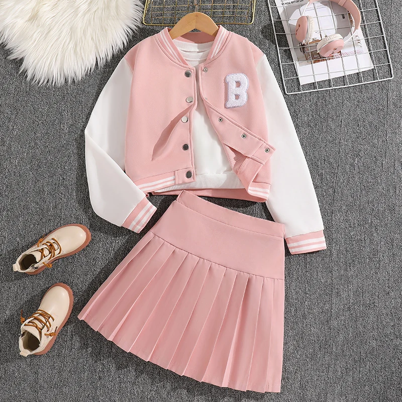 Sets For Girls 8-12 Years White With Pink Long-sleeved Baseball Jacke+Pink Pleated Skirt  Two-piece Set