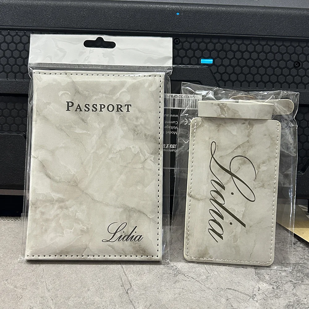 2 unids/set funda para pasaporte con nombre personalizado y etiqueta de equipaje, porta pasaporte de viaje cartera organizador regalo para pareja