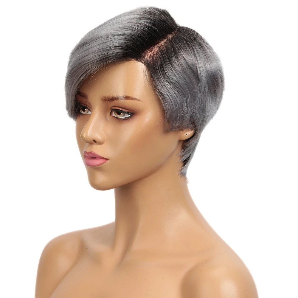 Sleek Short Pixie Cut Lace Human Hair Wigs For Women Grey Colored Brazilian Hair Wigs 613 Blonde Lace Wigs With Black Roots