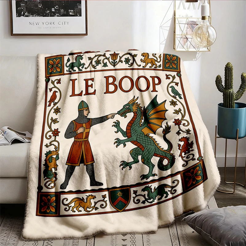 Funny Dragon Knight Flannel Blanket, Le Boop Throw, Medieval Fantasy Humor Gift for Book Lovers