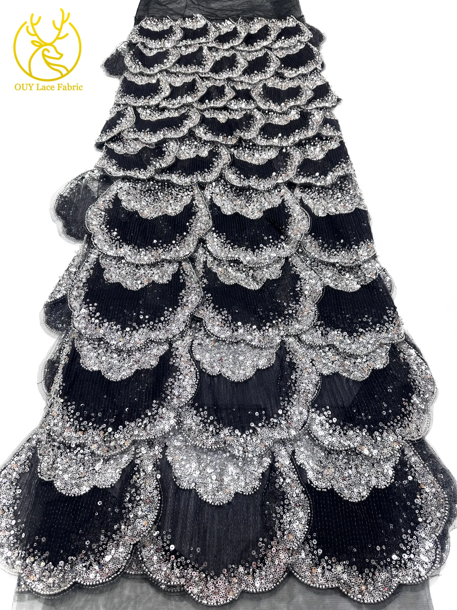 3D-Stickerei mit Pailletten und Perlen, marineblaue afrikanische Spitze, französischer Tüll, Netzspitze für Braut, Hochzeit, DIY, handgemachtes Nähen – Detail 34