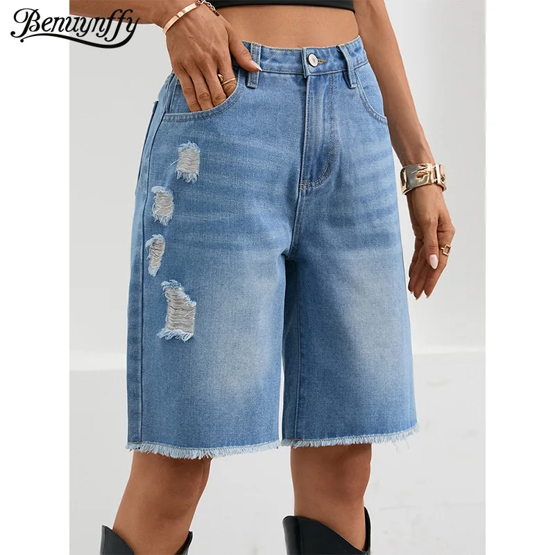 

Benuynffy уличная одежда рваные джинсы шорты женские летние винтажные универсальные брюки с высокой талией повседневные широкие полуджинсовые брюки с необработанным подолом