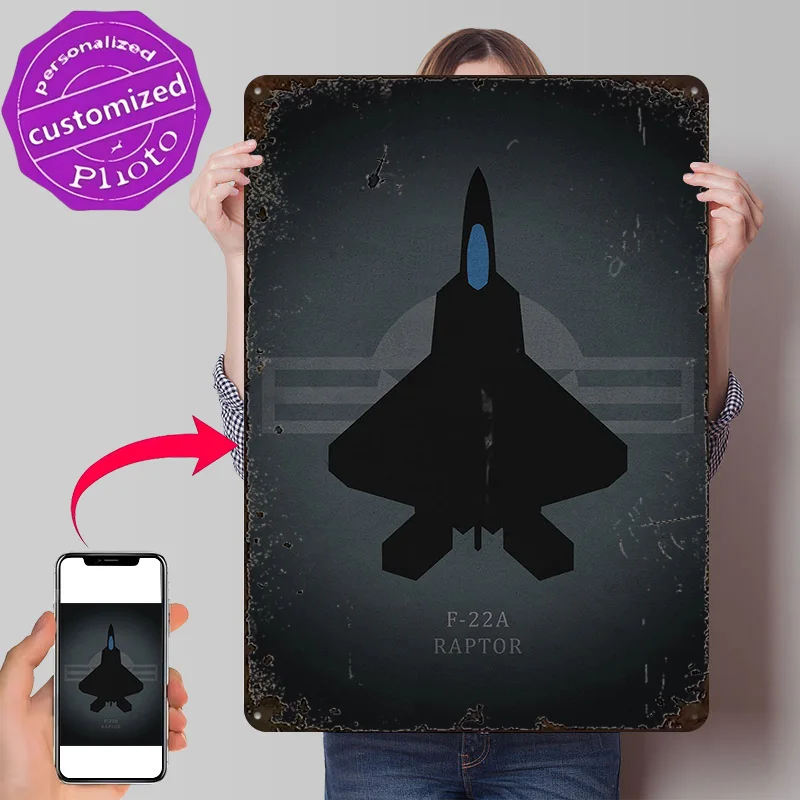 F-22A Raptor Personalized 3D Textured Metal Poster Wall Art Tinplate Sign for Office Decoration Gaming Home Decor Living Room
