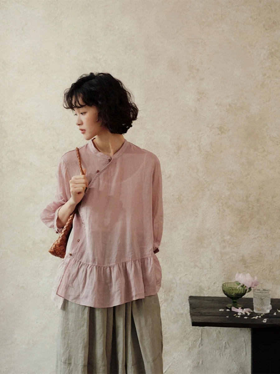 

n Loose Fit Linen irt Versatile Sli Side Button Design Retro Chinese Sle Casual Commute Faion Summer 2024