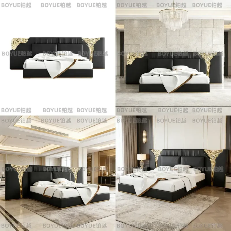 Luxury Leather Double Bed with Brass Frame Modern Artistic Widescreen  for Villa Master Bedroom Elegant Furniture