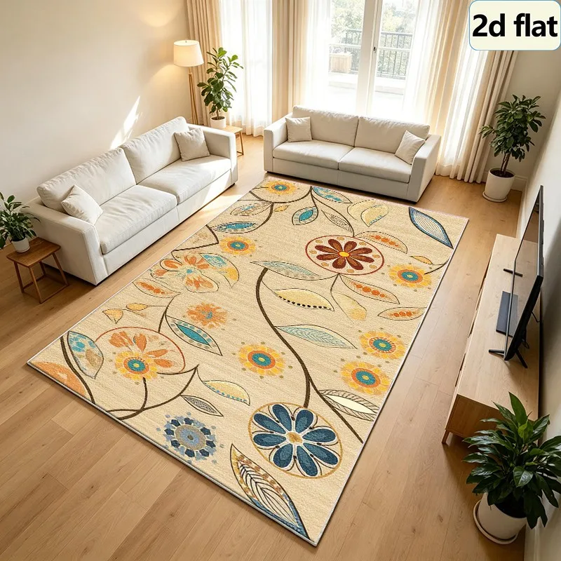 Boho Retro Floral Plant Pattern Beige Background Carpet Square Rug Non-Slip Washable Floor Mat Suitable for Living Room Cottage Home Decor