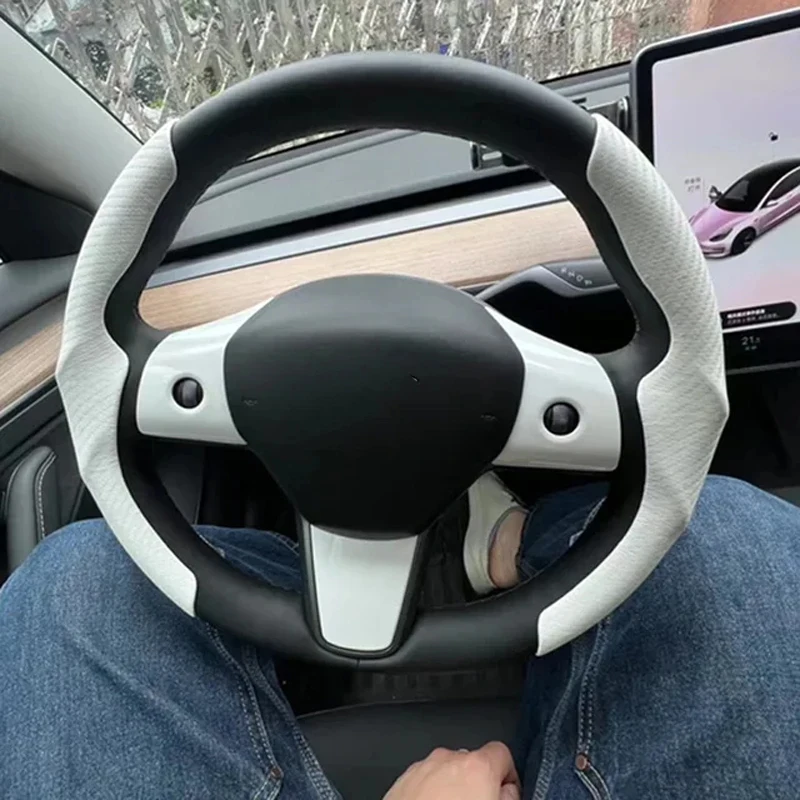Suitable For Tesla Model 3/Y Car Steering Wheel Cover Suede Carbon Fiber Ultra-Thin Sweat Absorbent Anti-Slip Handlebars Car