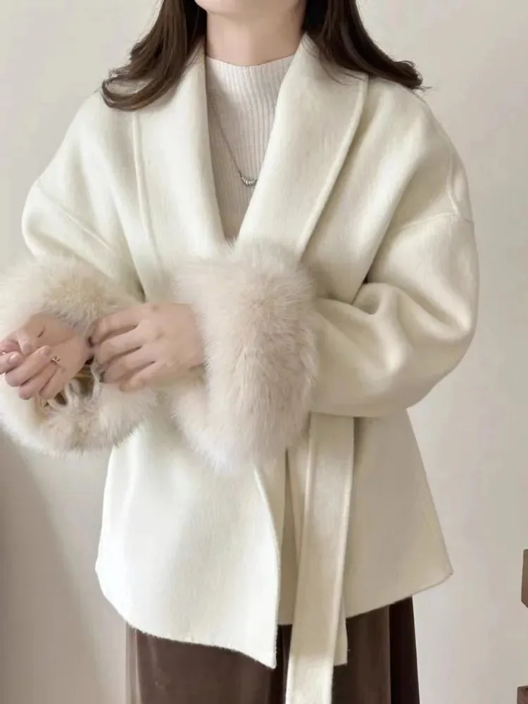 OFTBUY Women's Double Face Wool Coat Wool Blend Long Jacket Elegant Belted Winter Warm Office Lady Natural Fur Coat Outerwear