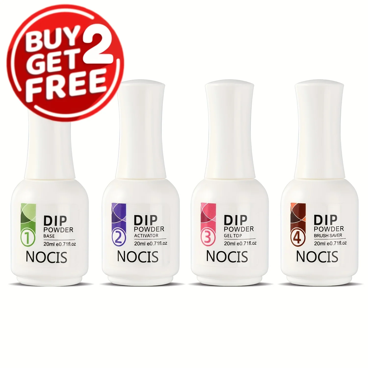 

Набор из 4-х флаконов по 20 мл жидкого геля для дип-пудры, включая базовое и топовое покрытия, активатор и средство для защиты кистей, незаменимые для работы с дип-пудрой.