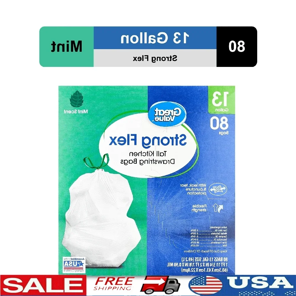 

Strong Flex Mint ароматизированные 13-галонные кухонные мешки для мусора на шнурке, 80 шт., защита от утечек, разрывов, проколов, бытовая уборка