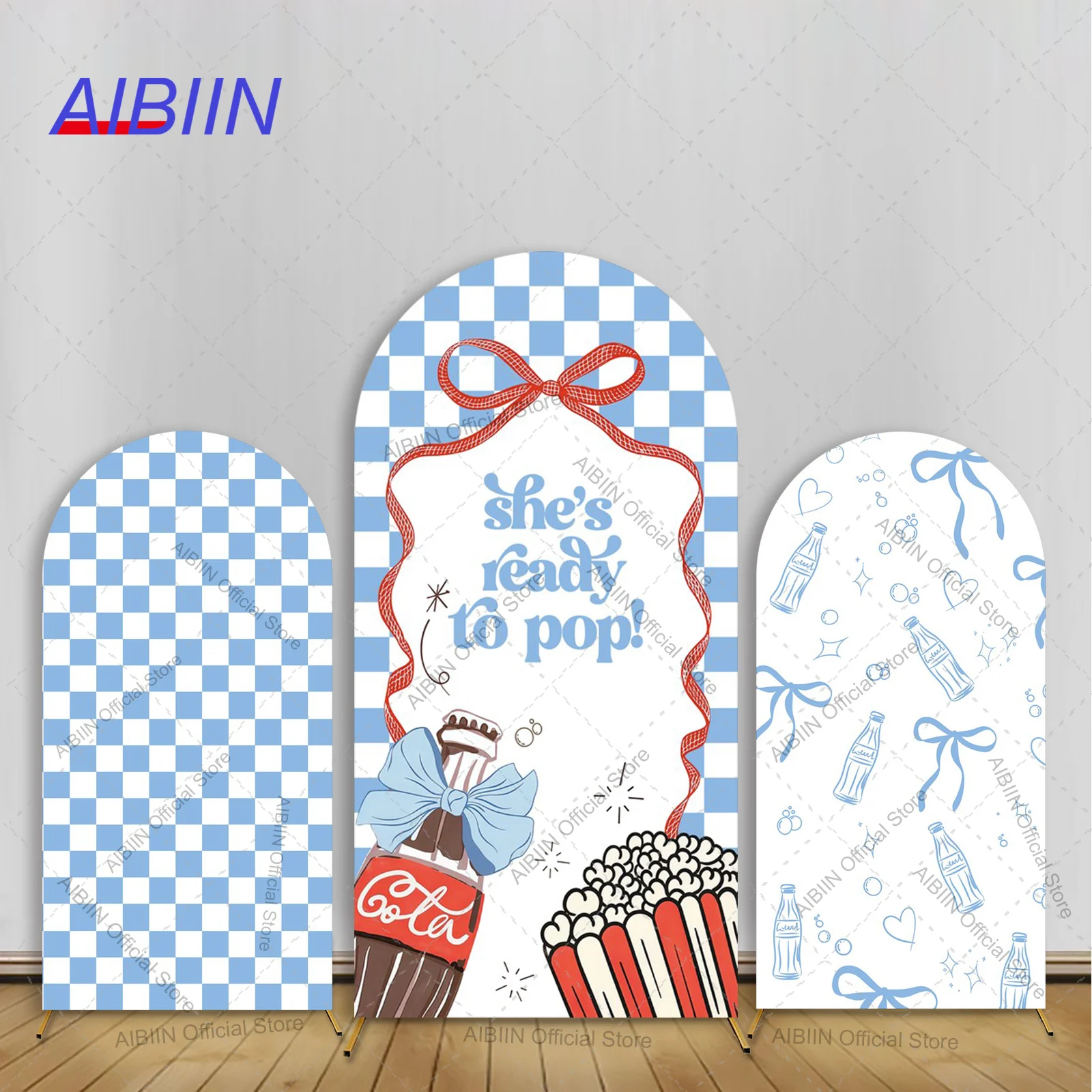 Fondo Decorativo para Fiesta de Baby Shower de Maternidad con Diseño de Arco, Lazo Azul, Palomitas, Refresco y Cuadros - ¡Listo para Celebrar!