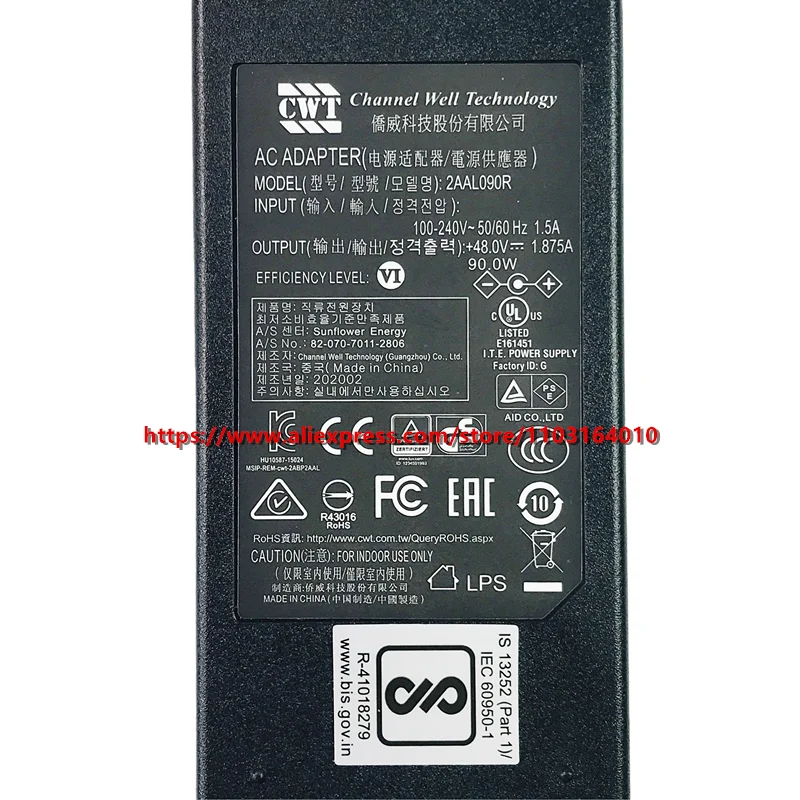 Original For Hikvision POE Power Supply Charger Channel Well CWT 2AAL090R AC Adapter 48V 1.875A 90W 5.5x1.7mm