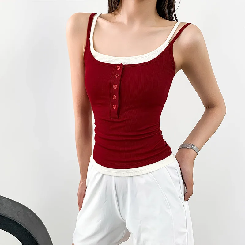

Women's Color Block Yoga Vest Double-Layer Sports Tank Top Ribbed Chest Pad Breathable Fitness Vest Beautiful Back Sports Top
