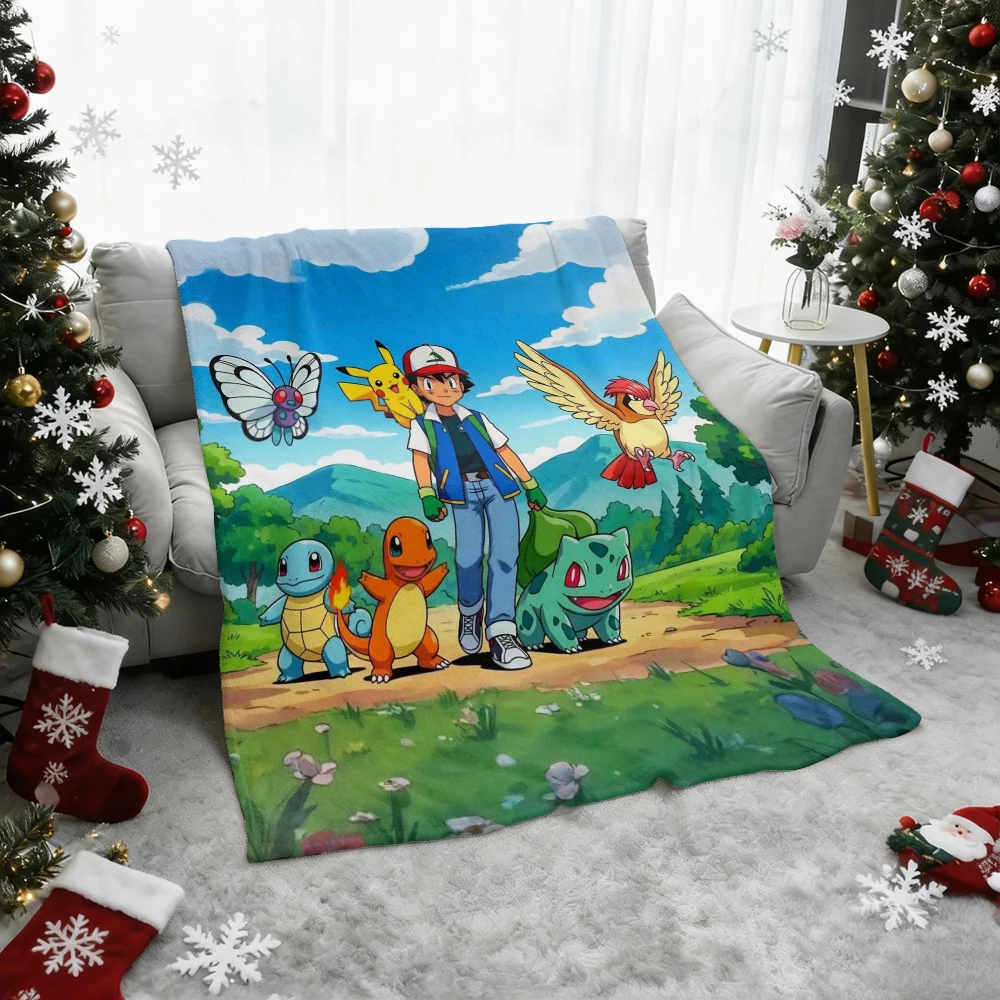 Pokemon Ash Pikachu Squirtle Charmander Bulbasaur Flannel Throw Blanket Soft Warm Sofa Bed Cartoon Blanket Home Decor Gift