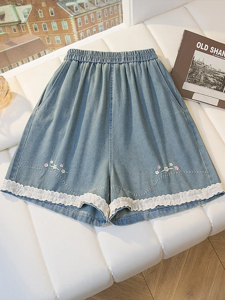 Damskie szorty jeansowe z koronkowym haftem, letnie, nowe, z wysokim stanem, cienkie, luźne, designerskie, modne, z szerokimi nogawkami, długość do połowy łydki.
