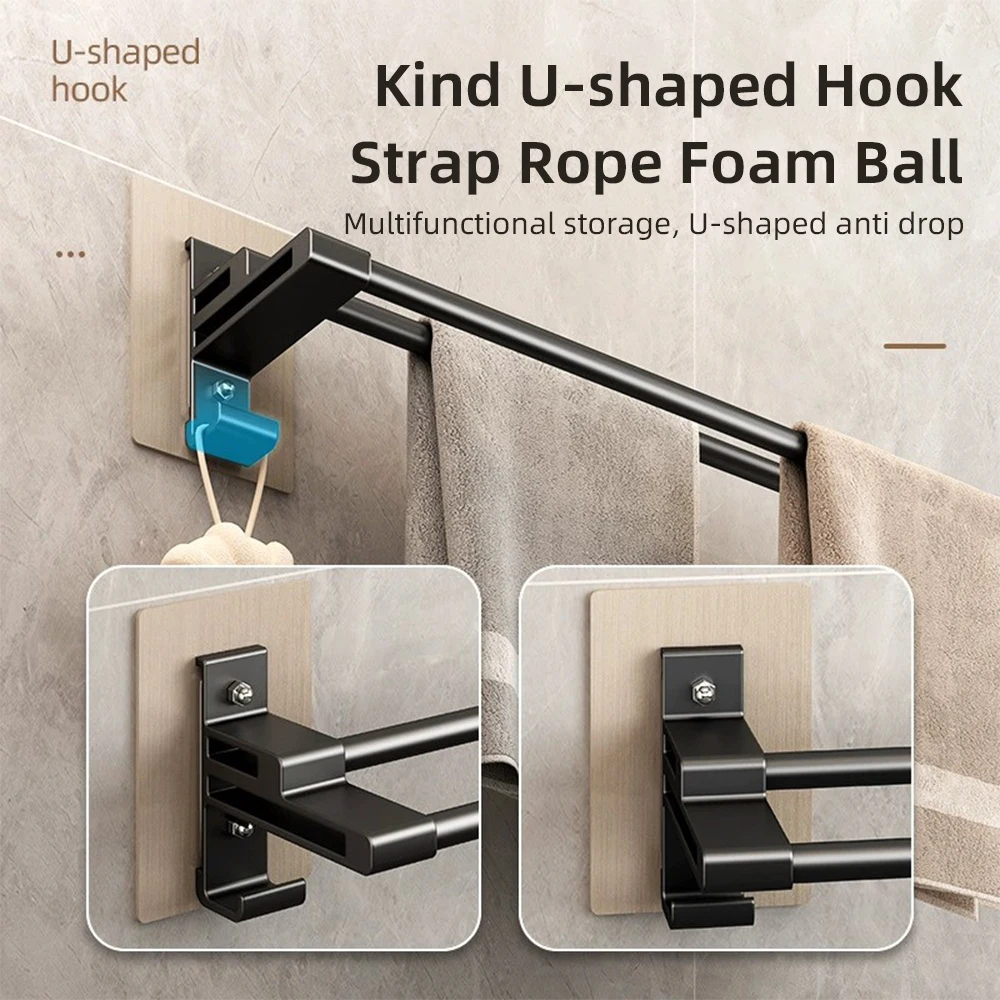 Space Aluminum Bathroom Towel rack Without Drilling Self-adhesive Double rod Towel Bar Shower Towel Holder Bathroom Organizer