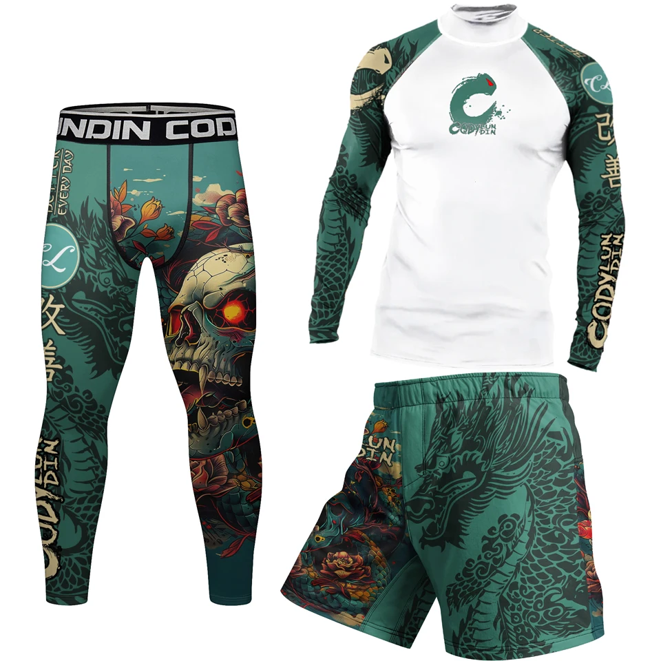 Boxing Jiu Jitsu Rashguard For Men MMA T-shirt+Pants 3PCS/Suit Muay Thai Shorts Grappling Bjj Gi Kickoxing Rash Guard Sportswear