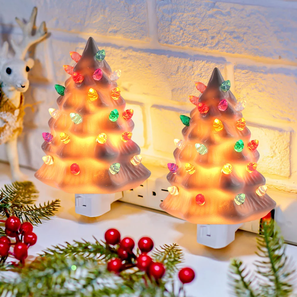 Resin Christmas Tree Night Light Plug In LED Light Xmas Tree Table Lamp White Green Tree Shape Christmas Lights Room Decoration