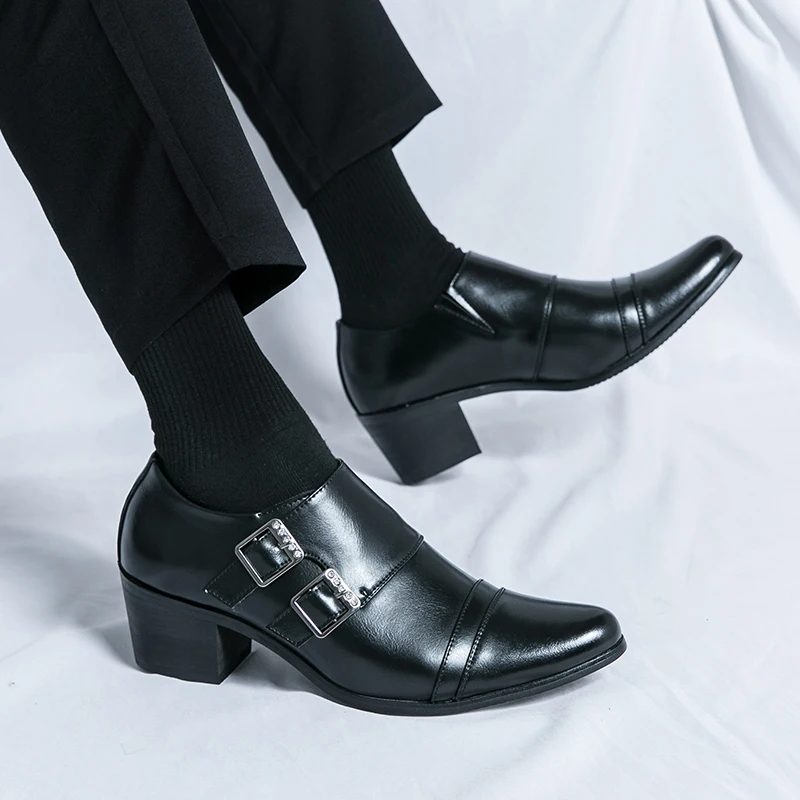 Fashion Double Breasted High-heeled Leather Shoes Brand Business Party Commuting Casual Shoes High-quality Men's Comfort Loafers