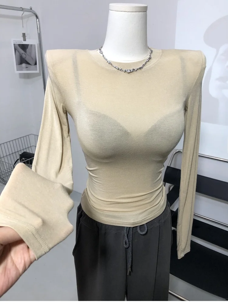 Slim Fit Shoulder Padded Long Sleeve Lightweight See through T Shirt Spring Summer New Style Women's Fashion Casual round Nec...
