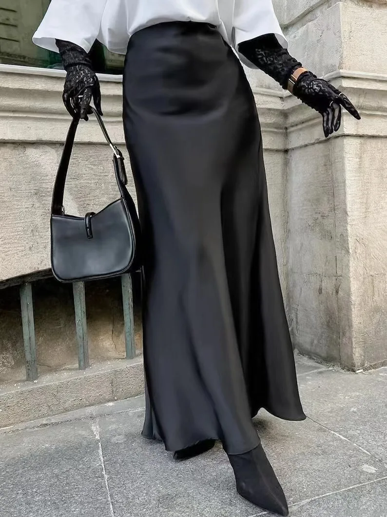 Ele hoge taille satijnen rok Faionable Midi rok Sexy Sle A-lijn silhouet kleur Pure Ele hoge taille rok