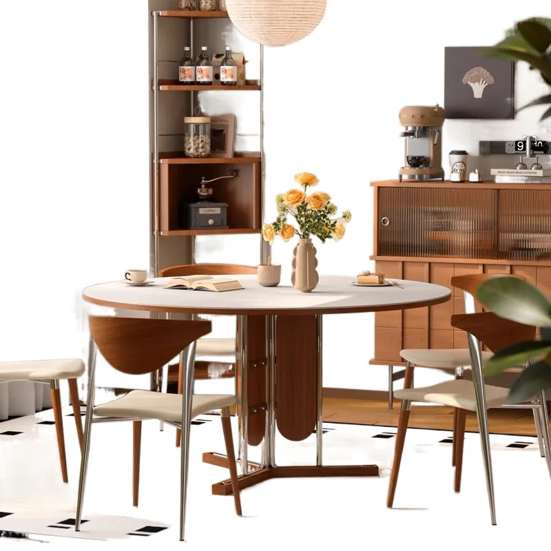 

Small diary Italian high-end solid wood rock slab dining table round with turntable household new medieval matte rock slab round