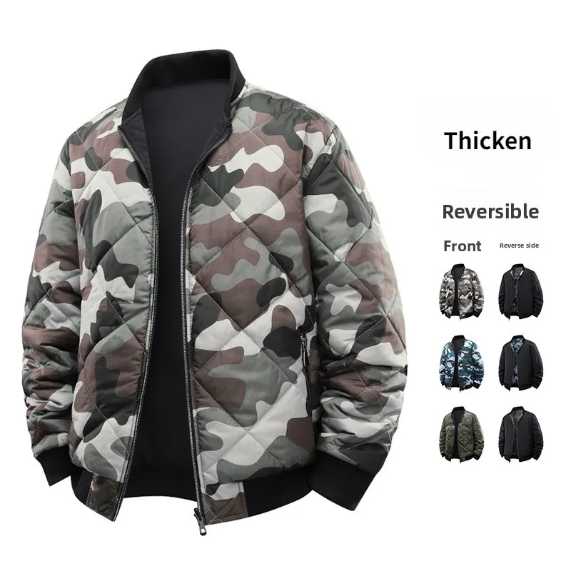 

Осень-зима 202, двусторонняя мужская летная куртка, камуфляжная куртка-карго с бейсбольным воротником, повседневная куртка свободного покроя, утепленная куртка-стойка