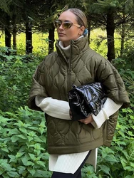 Abrigo de Argyle acolchado para mujer, chaqueta a prueba de lluvia, Parkas sueltas acolchadas informales de gran tamaño, abrigo de cuello alto, verde militar, Invierno