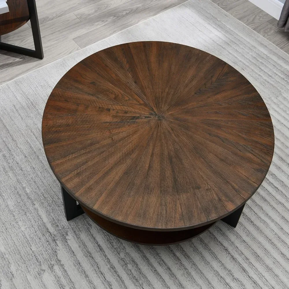 Ronde salontafel met opbergplank, boerderij woonkamer cocktail zwarte metalen poten, ronde massief houten midden theetafel